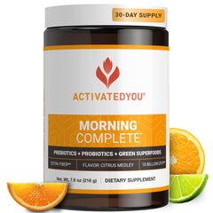 ActivatedYou Morning Complete tub closeup highlighting a gut-friendly greens blend.