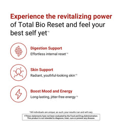 Total Bio Reset ingredients displayed with greens, suggesting detox and nutrient balance.