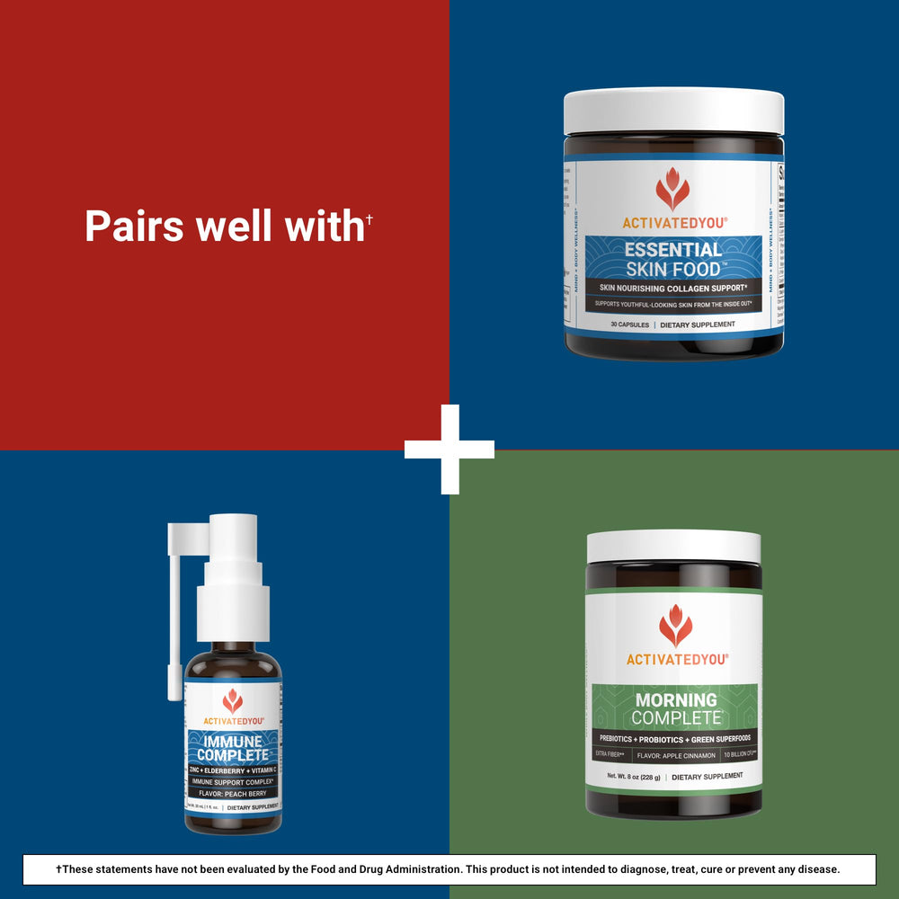 Packaging and glass of water imply an easy daily wellness habit.