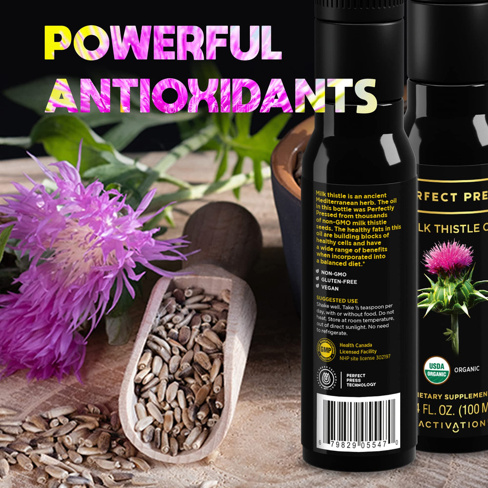 ACTIVATION milk thistle oil bottle alongside heart icon, hinting cardiovascular support.