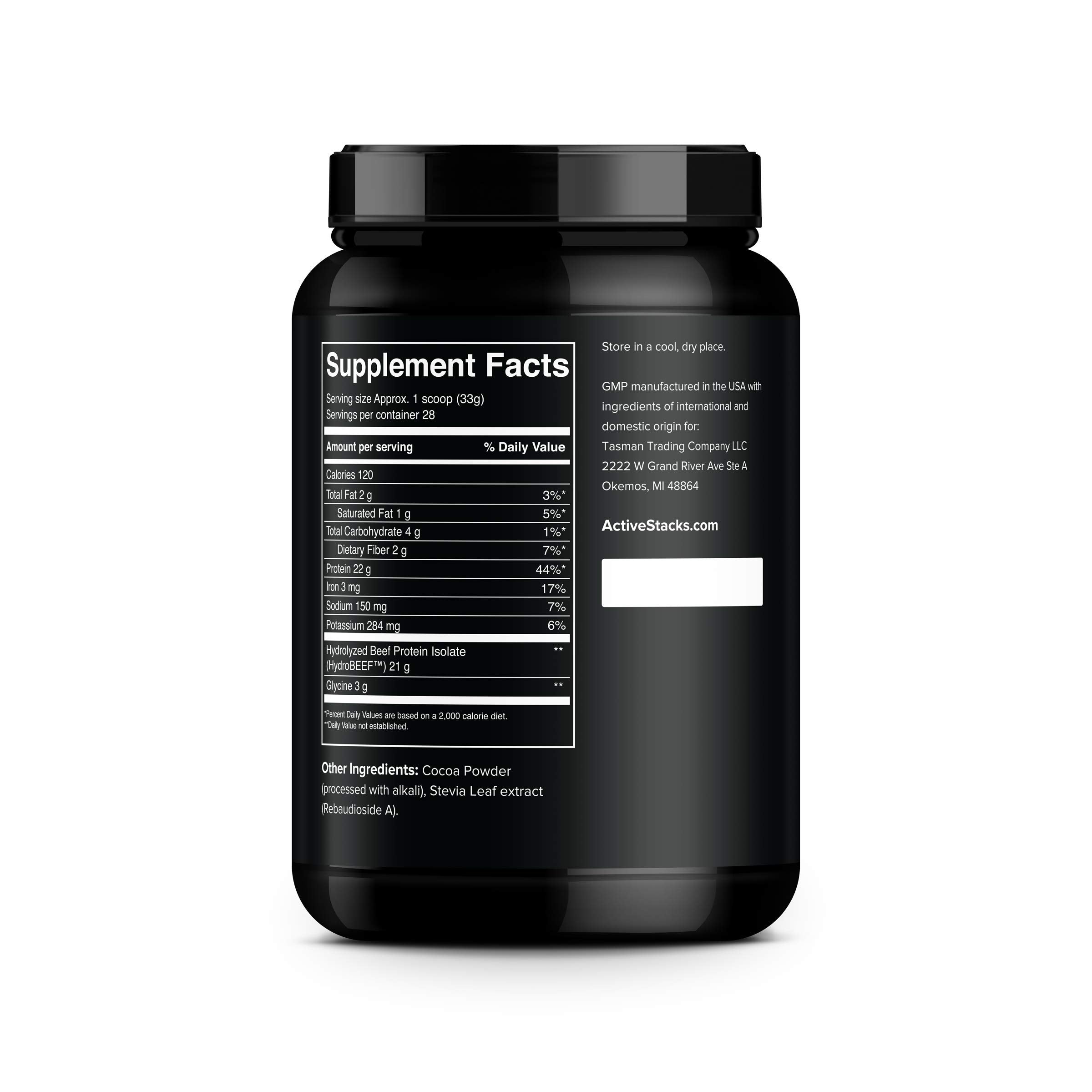 Active Stacks powder close-up highlights collagen and BCAAs content