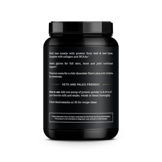 Active Stacks chocolate powder with shaker bottle for post-workout recovery