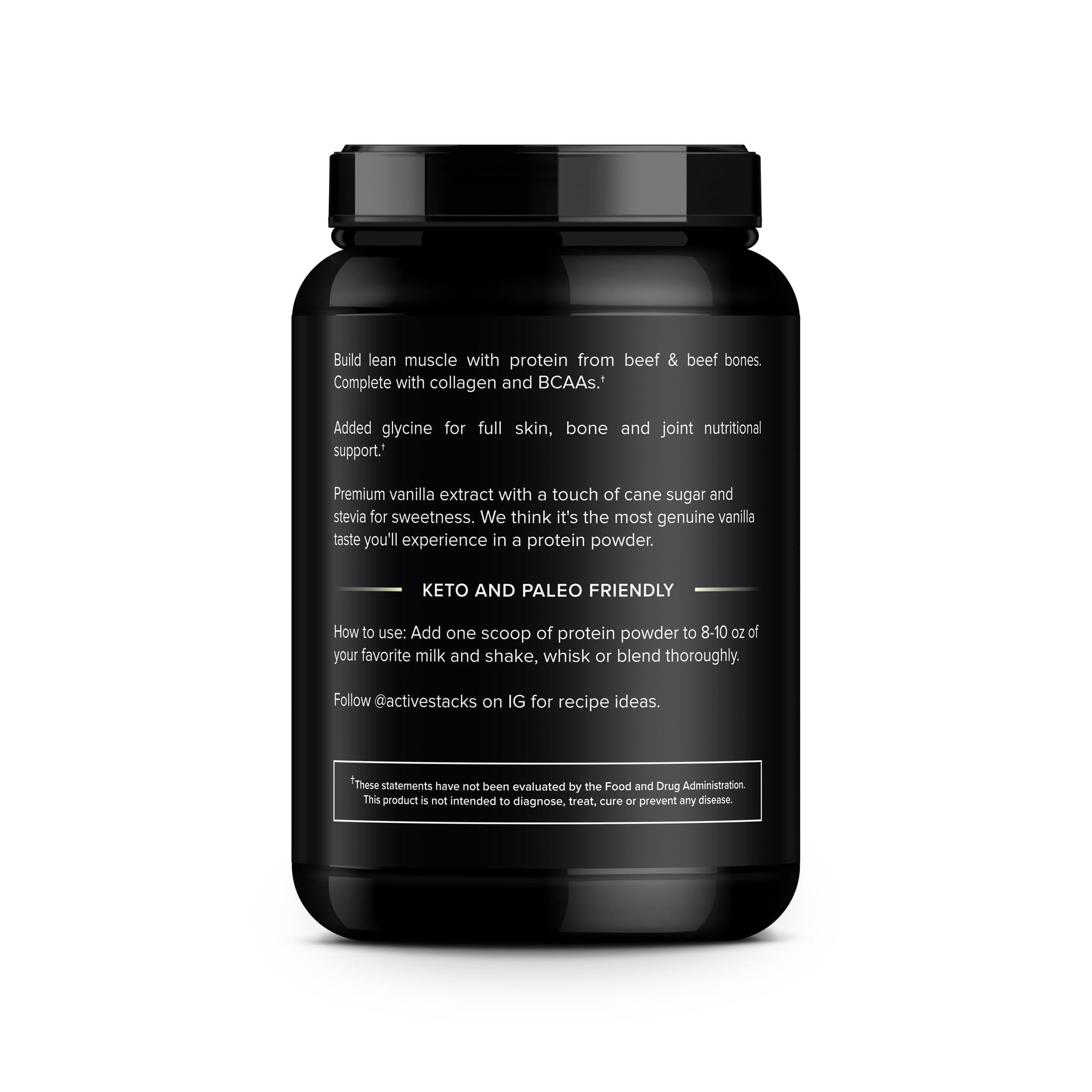 Active Stacks beef protein vanilla scoop: 22g protein per serving for workouts