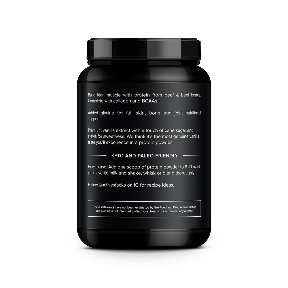 Active Stacks beef protein vanilla scoop: 22g protein per serving for workouts
