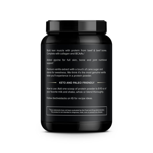 Active Stacks beef protein vanilla scoop: 22g protein per serving for workouts