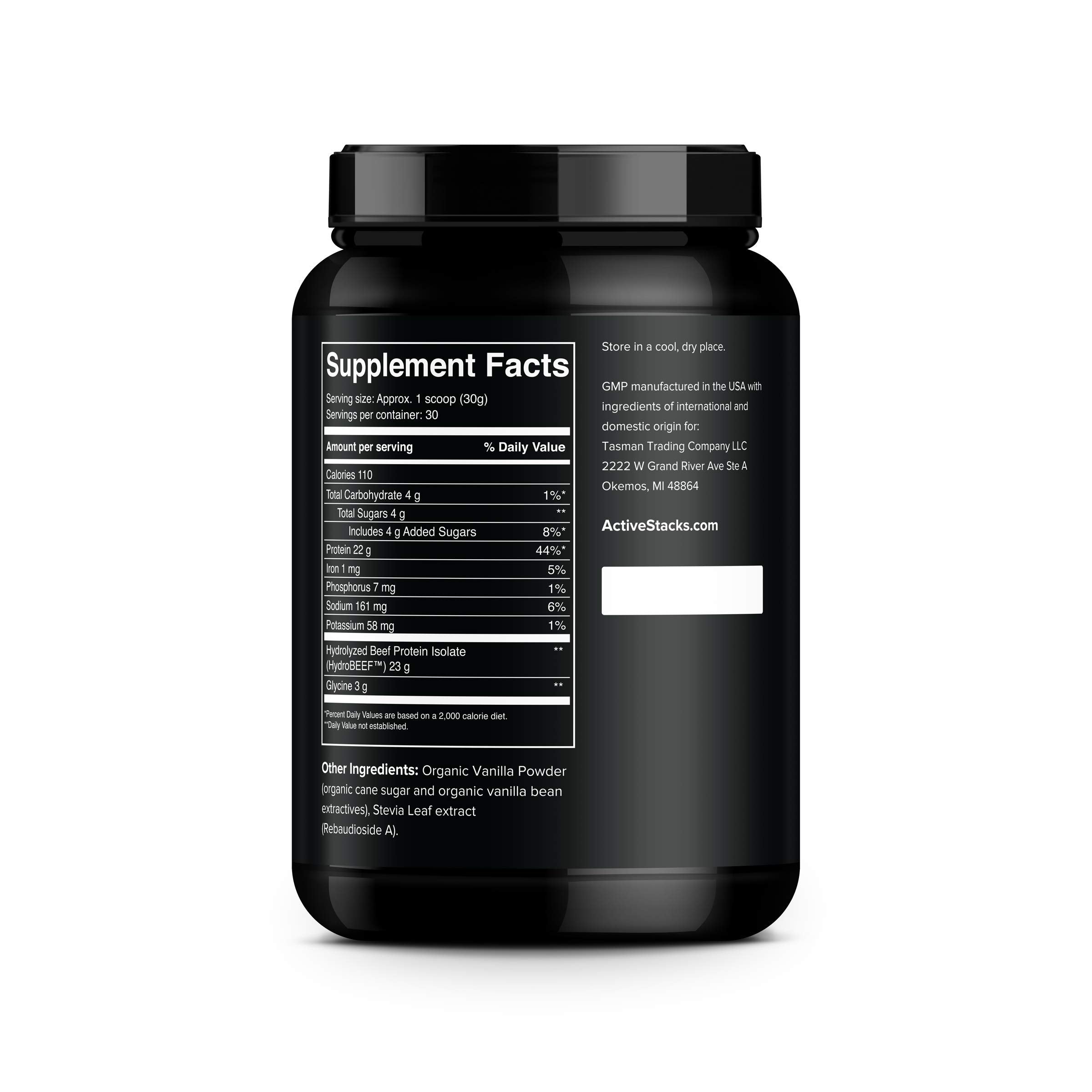 Active Stacks beef protein vanilla tub closeup: simple five-ingredient formula with vanilla flavor