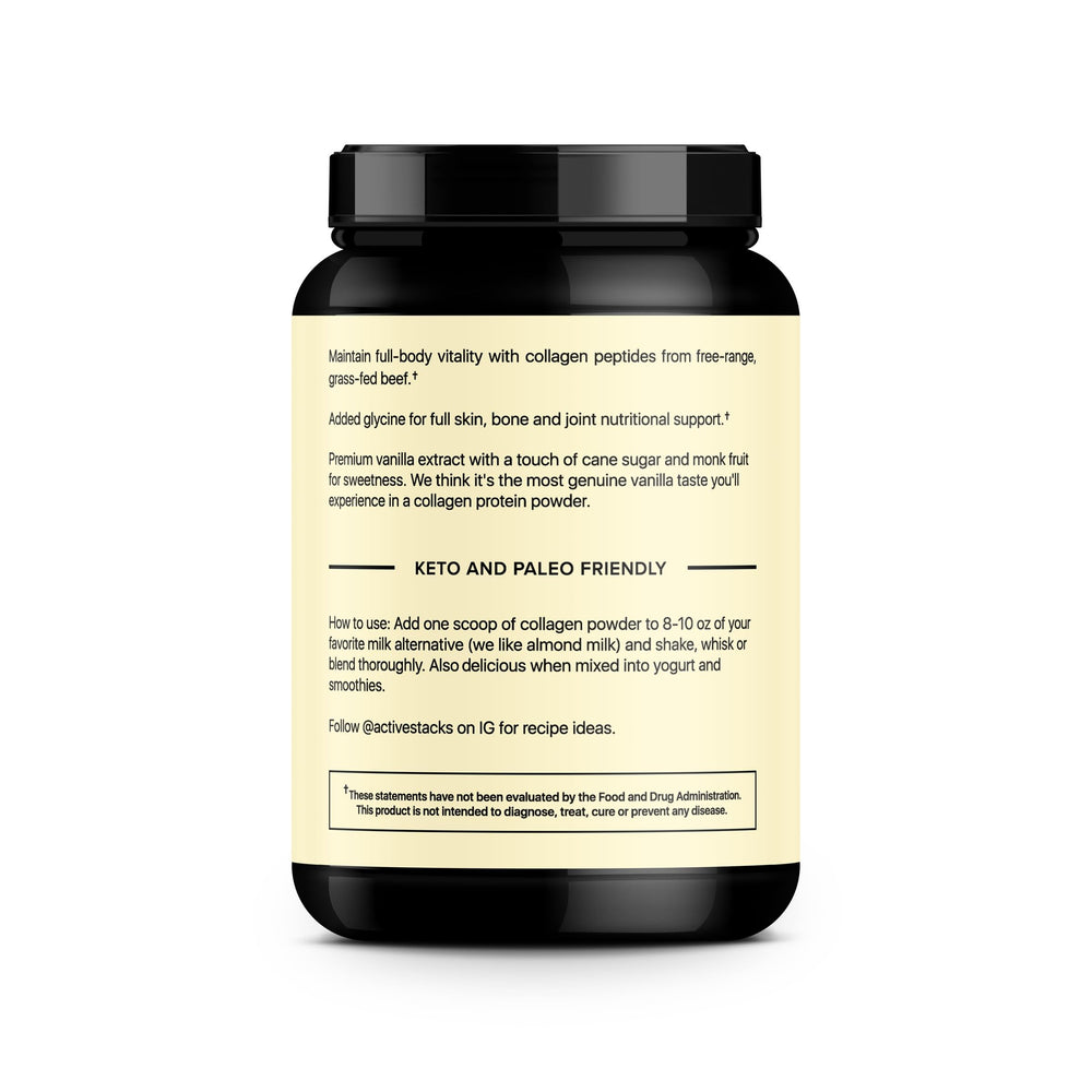 Active Stacks collagen peptides vanilla shake mixer demonstrates easy blending for pre-workout or post-workout.