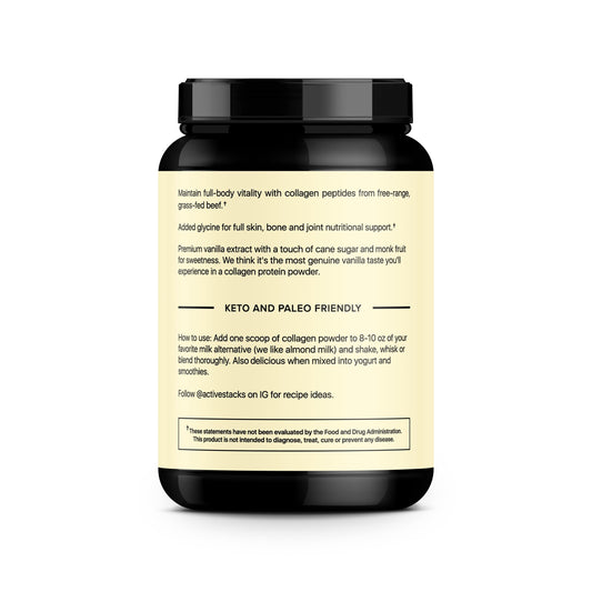 Active Stacks collagen peptides vanilla shake mixer demonstrates easy blending for pre-workout or post-workout.