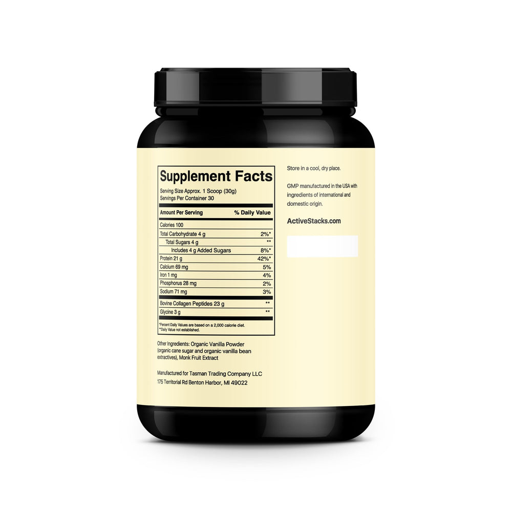 Active Stacks collagen peptides vanilla yogurt bowl shows versatile use in meals for hair and skin support.