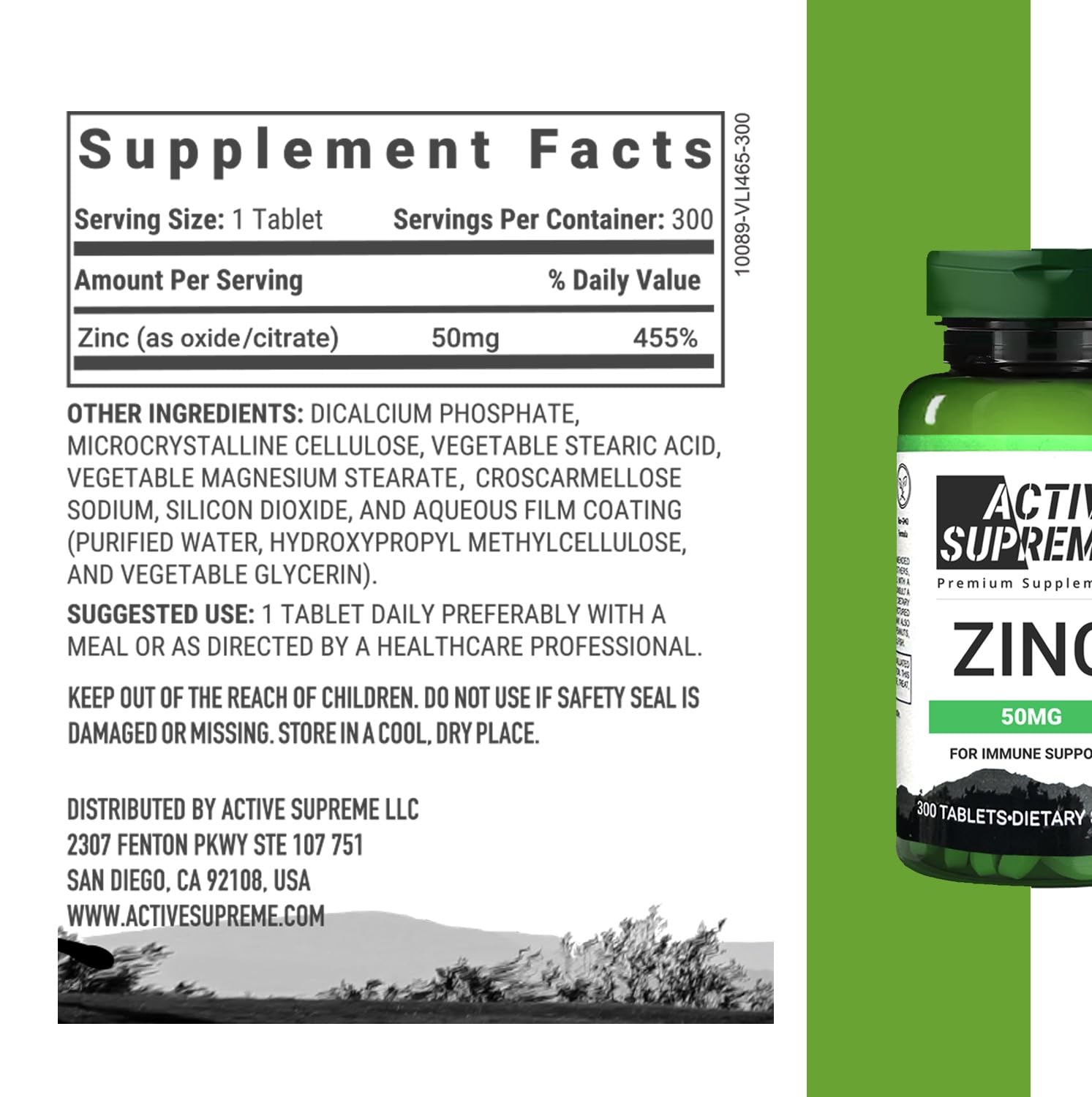 Active Supreme Zinc Citrate 50 mg bottle label closeup highlighting dosage and ingredients.