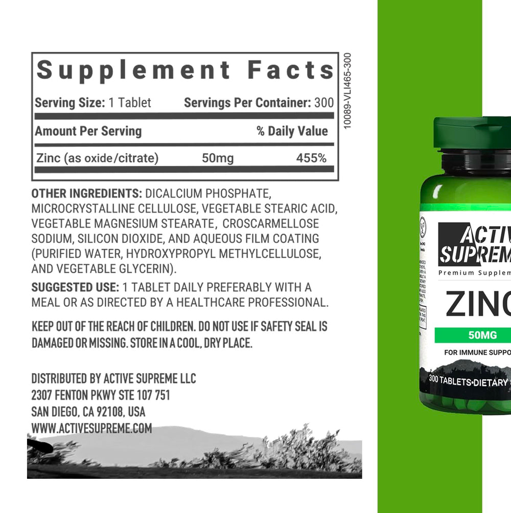Active Supreme Zinc Citrate 50 mg bottle label closeup highlighting dosage and ingredients.