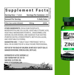 Active Supreme Zinc Citrate 50 mg bottle label closeup highlighting dosage and ingredients.