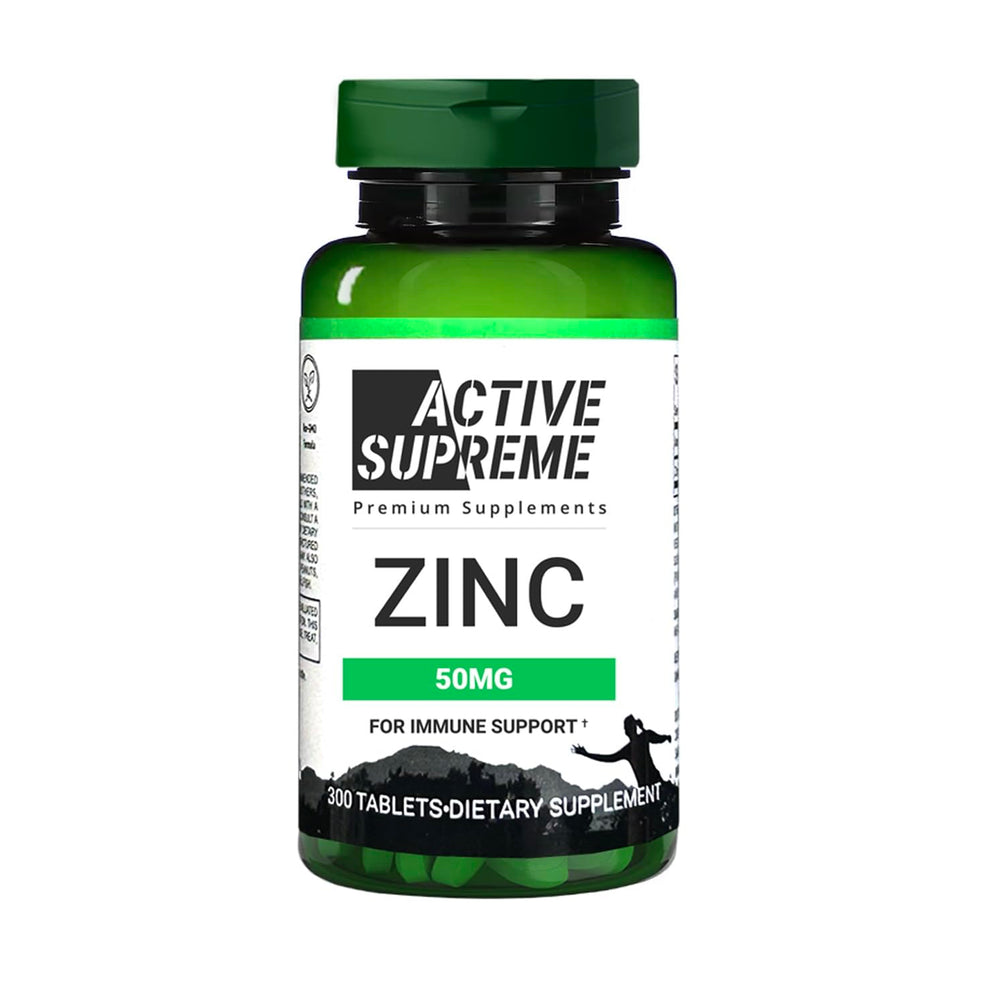 Active Supreme Zinc Citrate 50 mg tablets closeup showcases capsules for daily use.