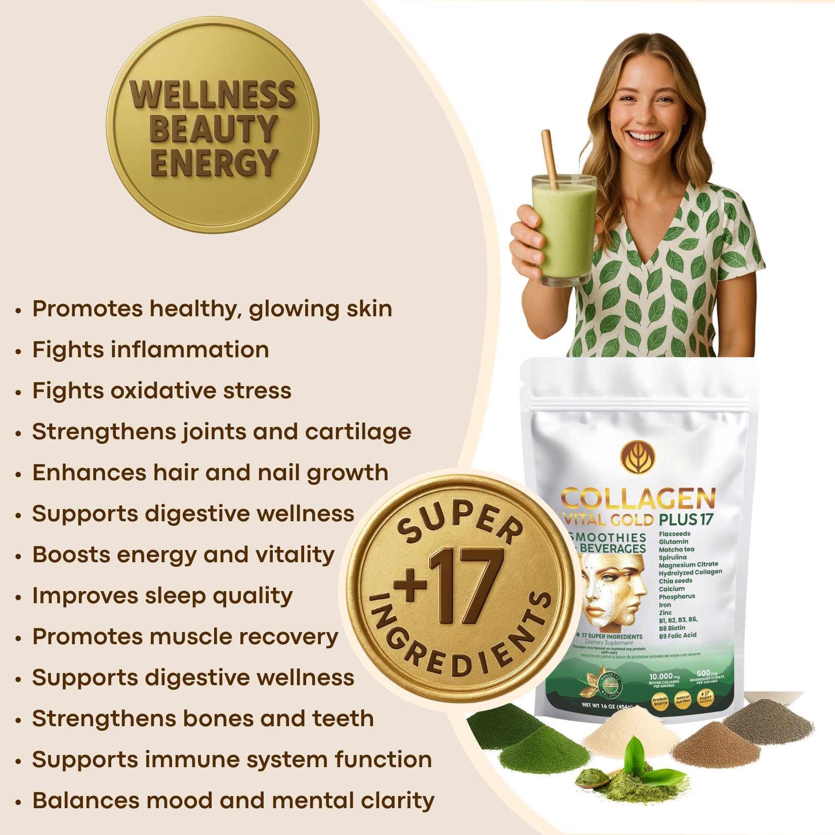 Active woman adding Gold Vital Life collagen to her morning drink