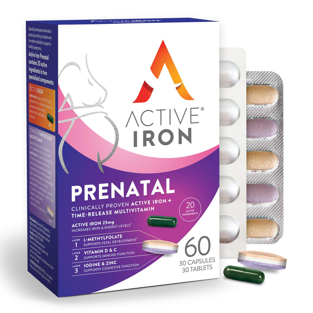Active Iron Prenatal bottle-front view, easy-to-take iron support for pregnancy