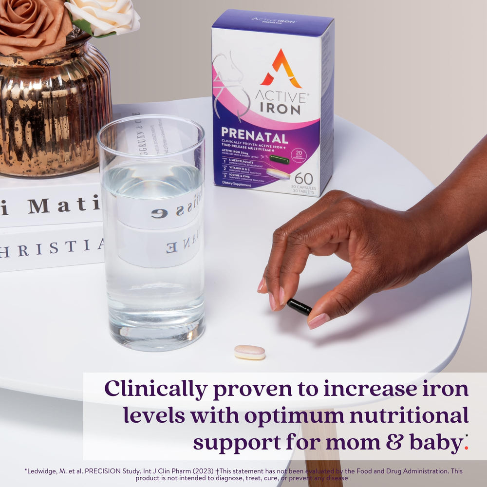 Active Iron Prenatal bottle-side view, handy daily dose for busy moms