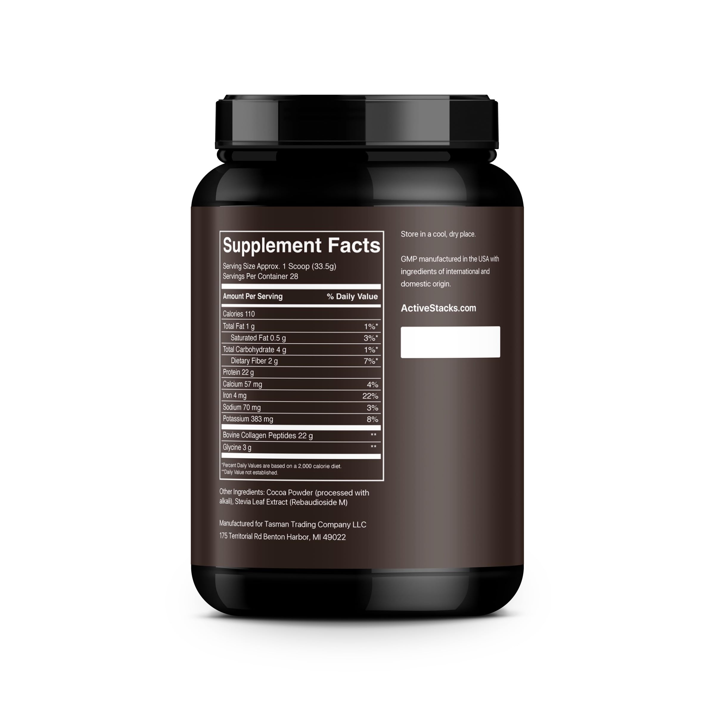 Active Stacks Collagen Chocolate nutrition label on packaging highlighting grass-fed ingredients