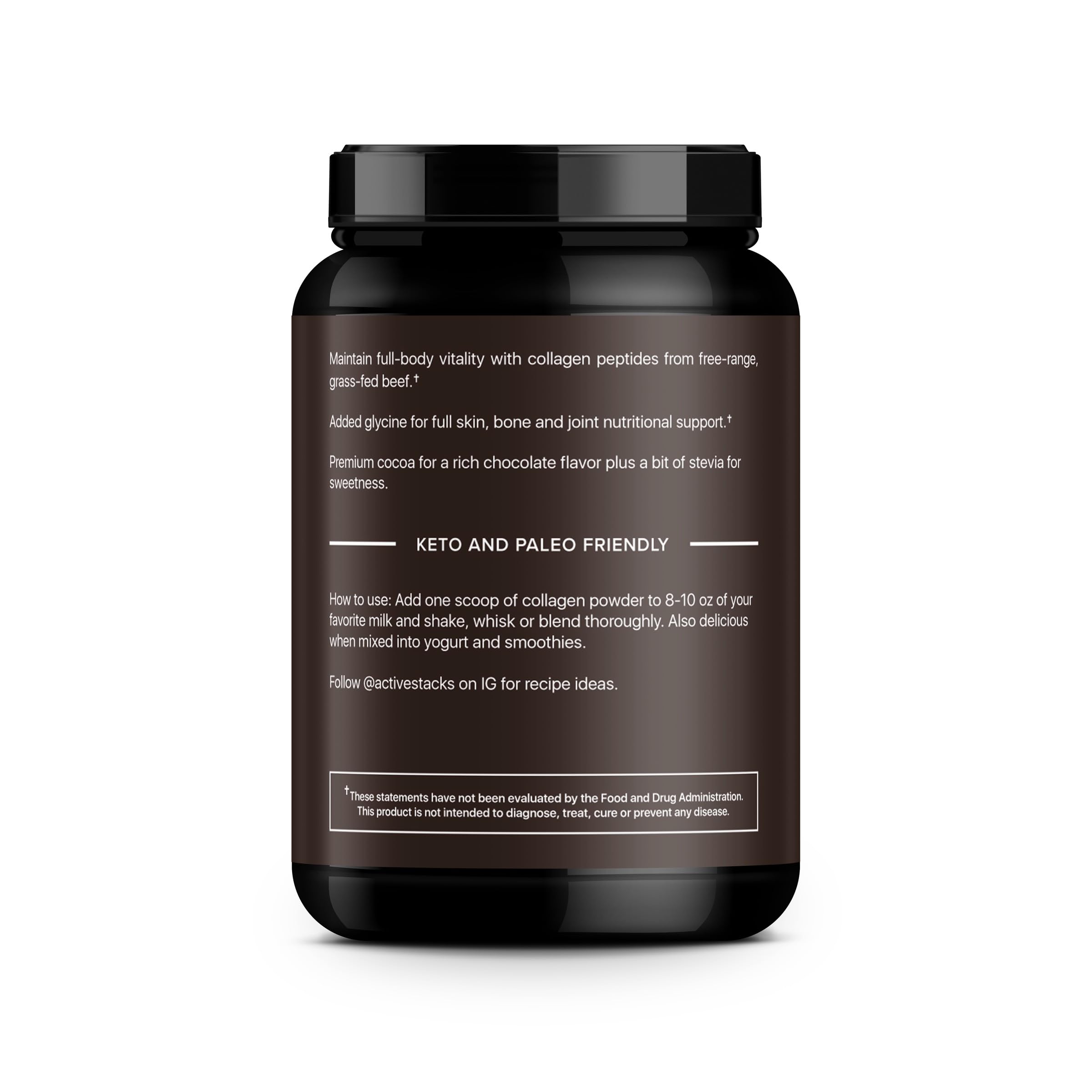 Active Stacks Collagen Chocolate shake ready to blend with beverages for easy, keto-friendly nutrition