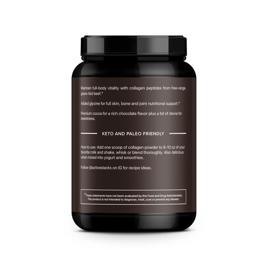 Active Stacks Collagen Chocolate shake ready to blend with beverages for easy, keto-friendly nutrition