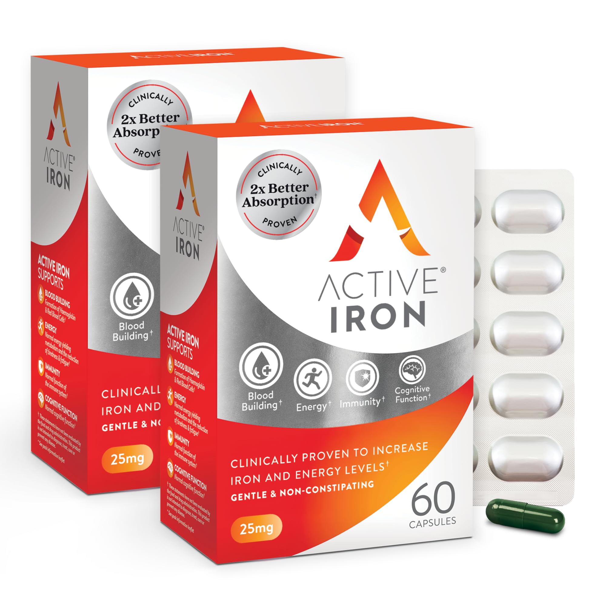 Active Iron 25mg bottle front showing the brand's iron supplement for energy support.