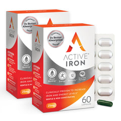 Active Iron 25mg bottle front showing the brand's iron supplement for energy support.