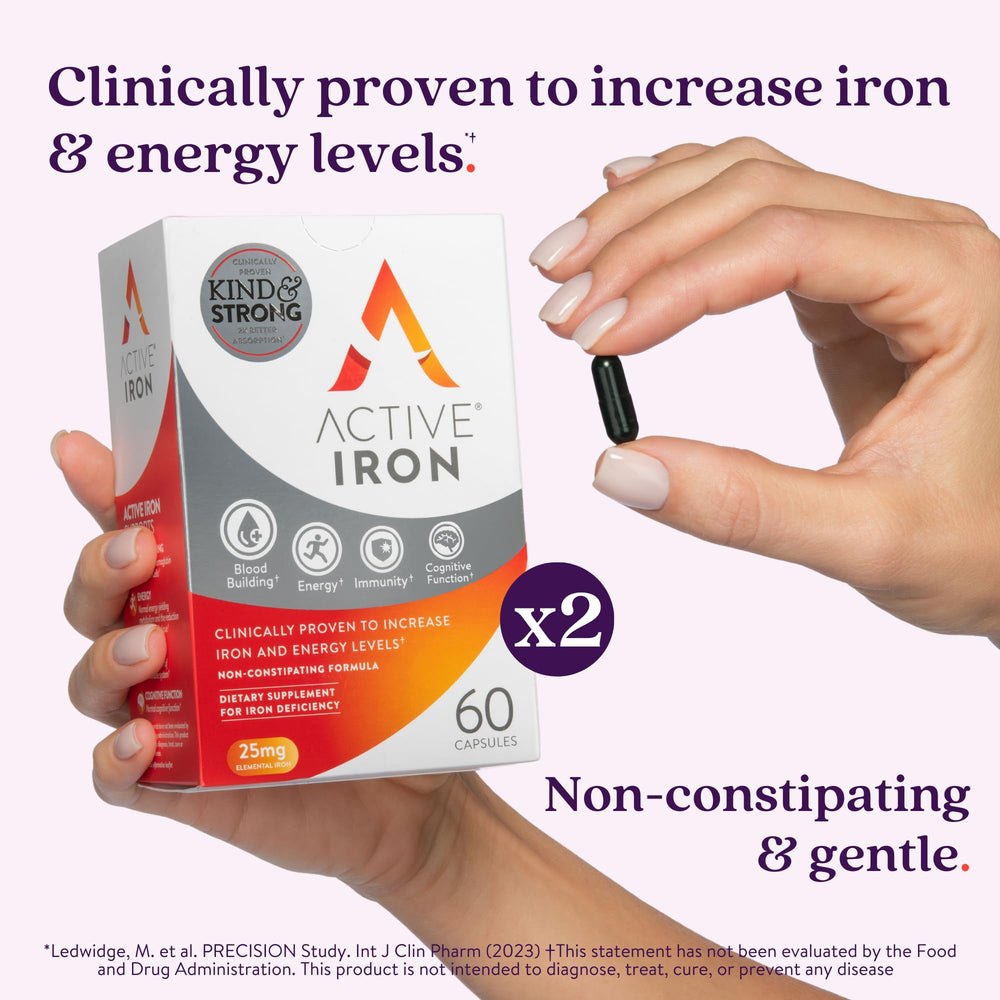 Active Iron label highlights a whey-protein formulation for gentler absorption.