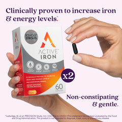 Active Iron label highlights a whey-protein formulation for gentler absorption.