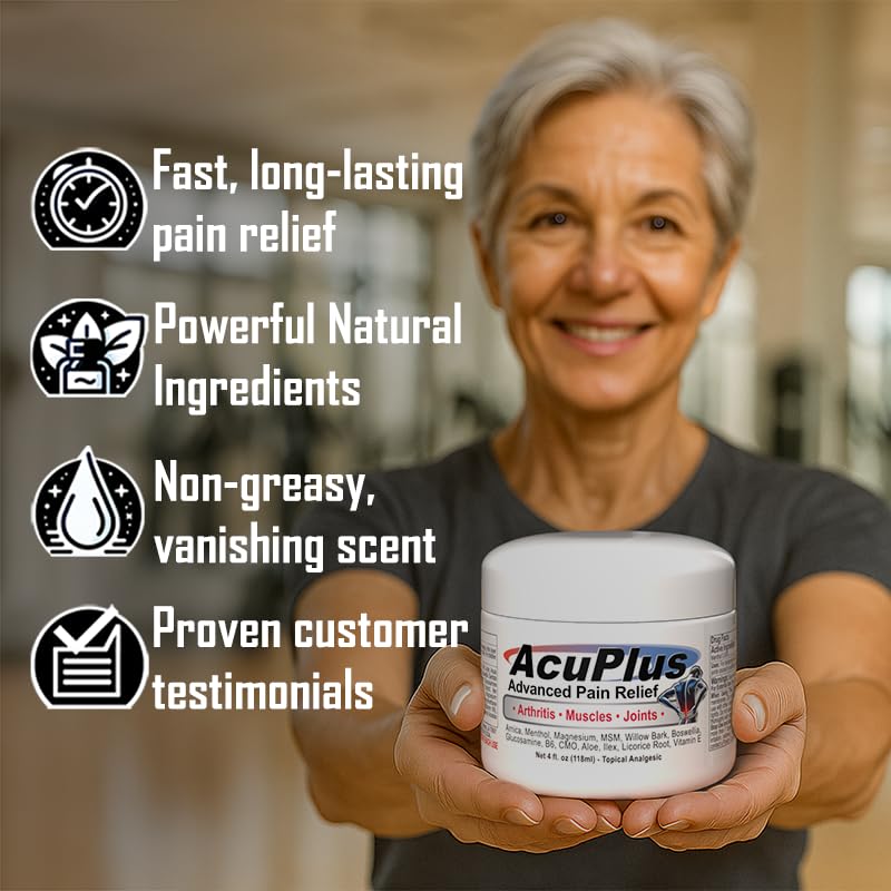 AcuPlus natural ingredients label close-up featuring menthol, arnica, and MSM for soothing relief.