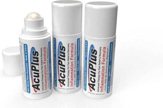 AcuPlus pain relief roll-on bottle for targeted muscle comfort on the go.