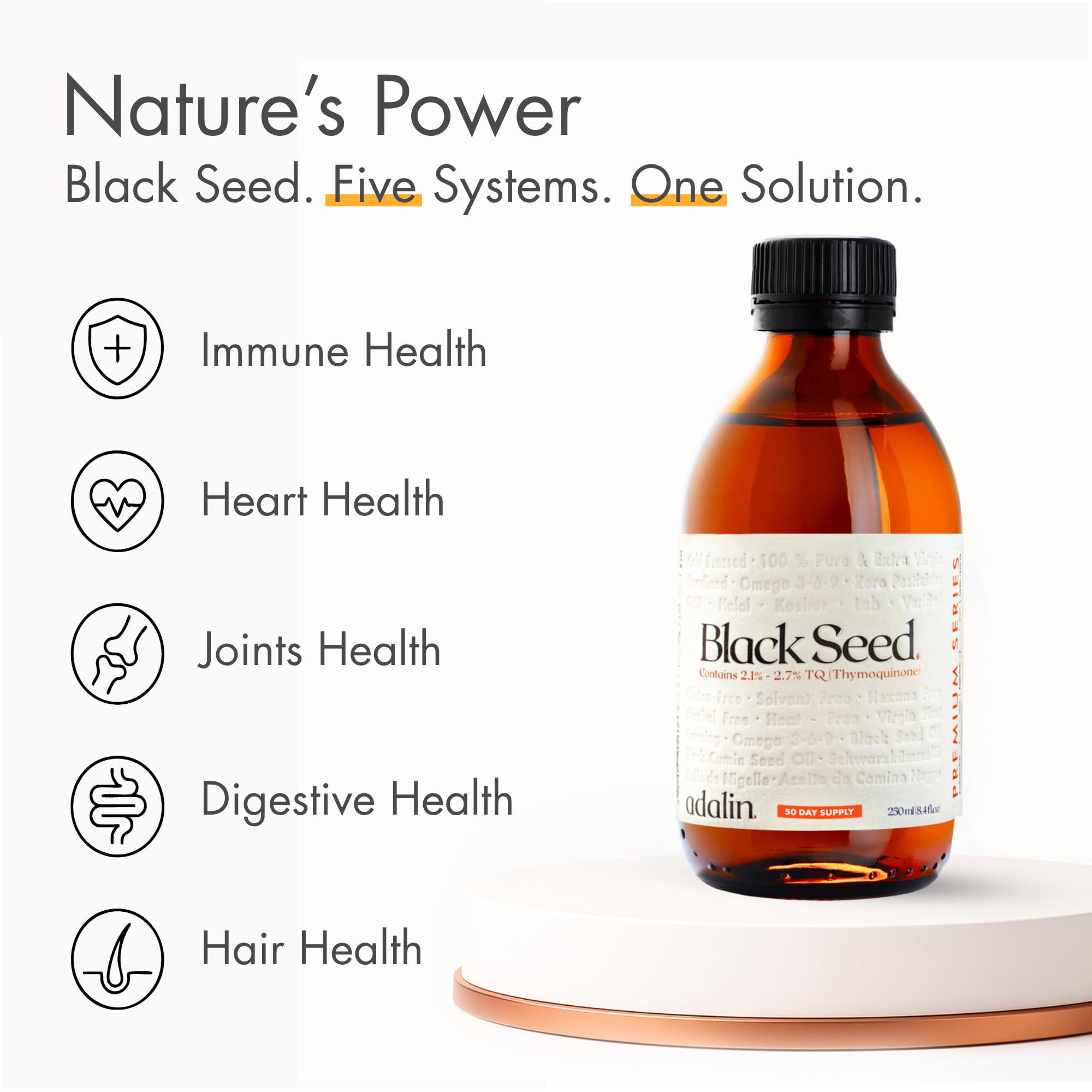 Adalin Black Seed Oil pour shows easy-to-use bottle for flexible daily routines.