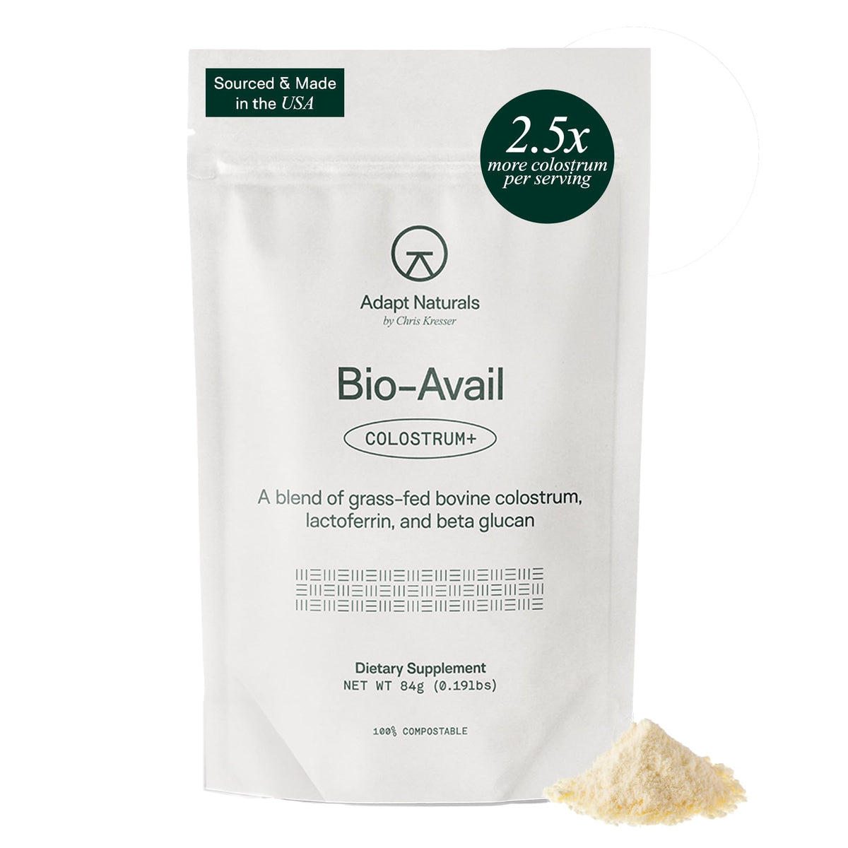 Adapt Naturals Colostrum bottle-front showcases grass-fed, non-GMO sourcing for purity.