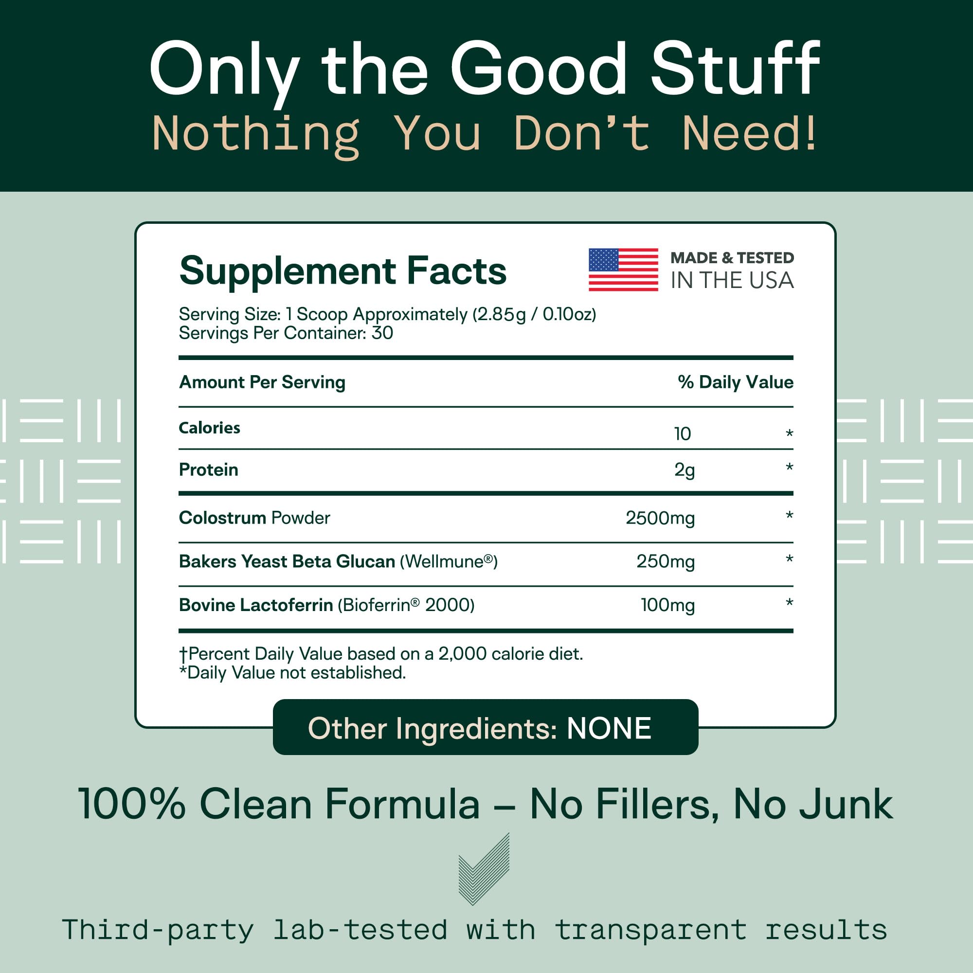 Adapt Naturals Colostrum label focuses on cold-processing to preserve IgG.