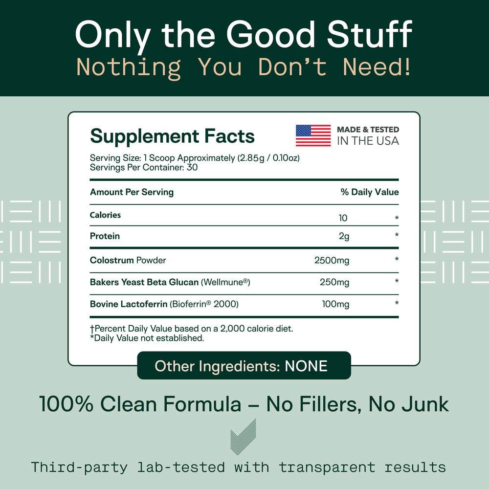 Adapt Naturals Colostrum label focuses on cold-processing to preserve IgG.