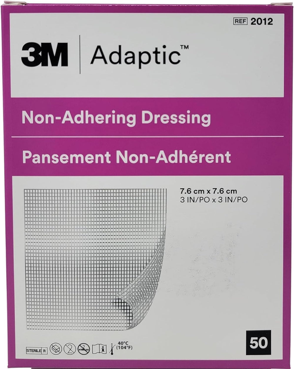 Adaptic non-adherent dressing 3x3 box of 50 highlighting gentle wound protection and easy removal.