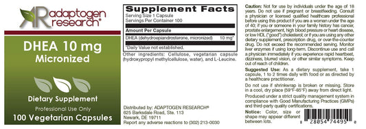 Adaptogen Research DHEA capsules close-up highlighting micronized absorption design