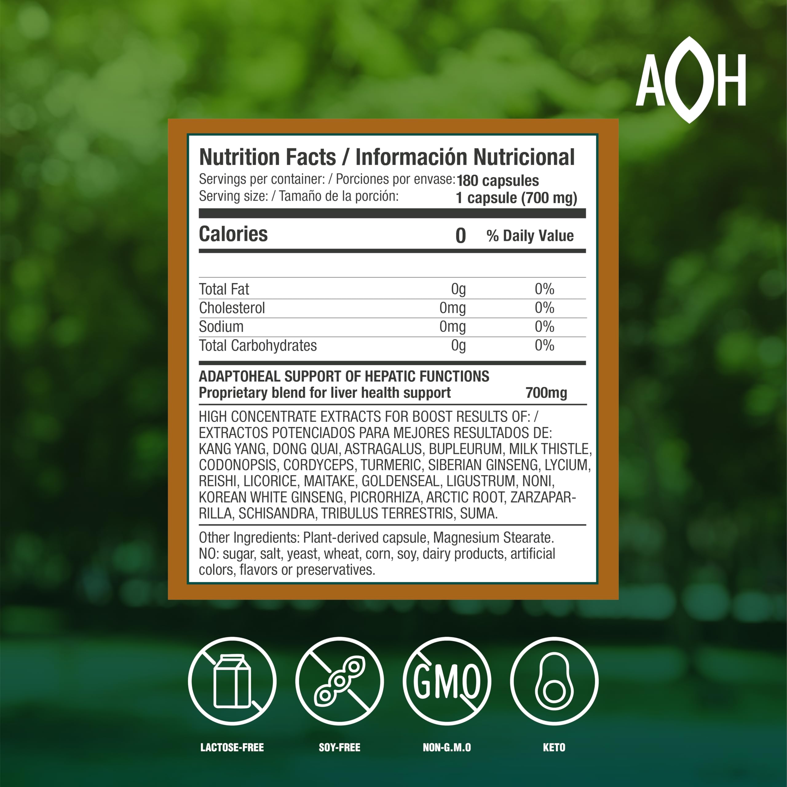 ADAPTOHEAL bottle back detailing ingredients and dosage guidance