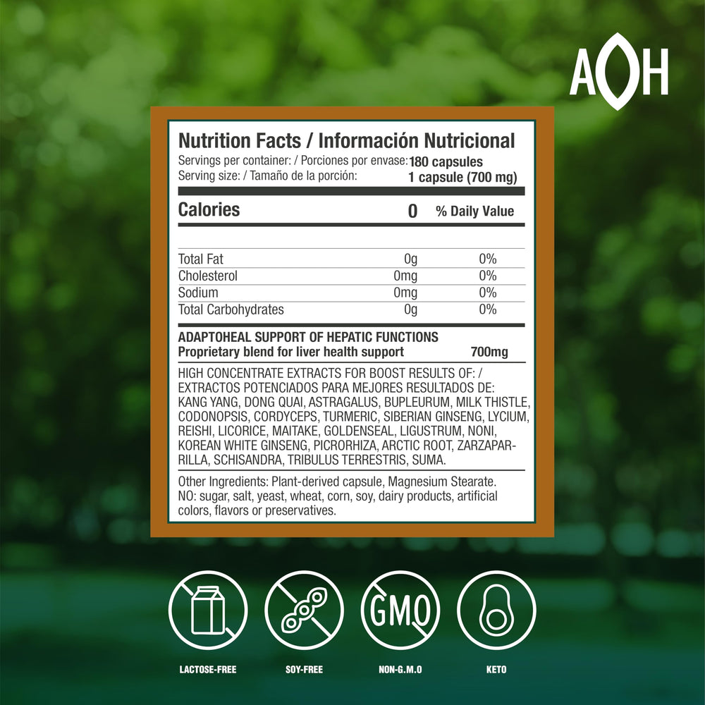 ADAPTOHEAL bottle back detailing ingredients and dosage guidance