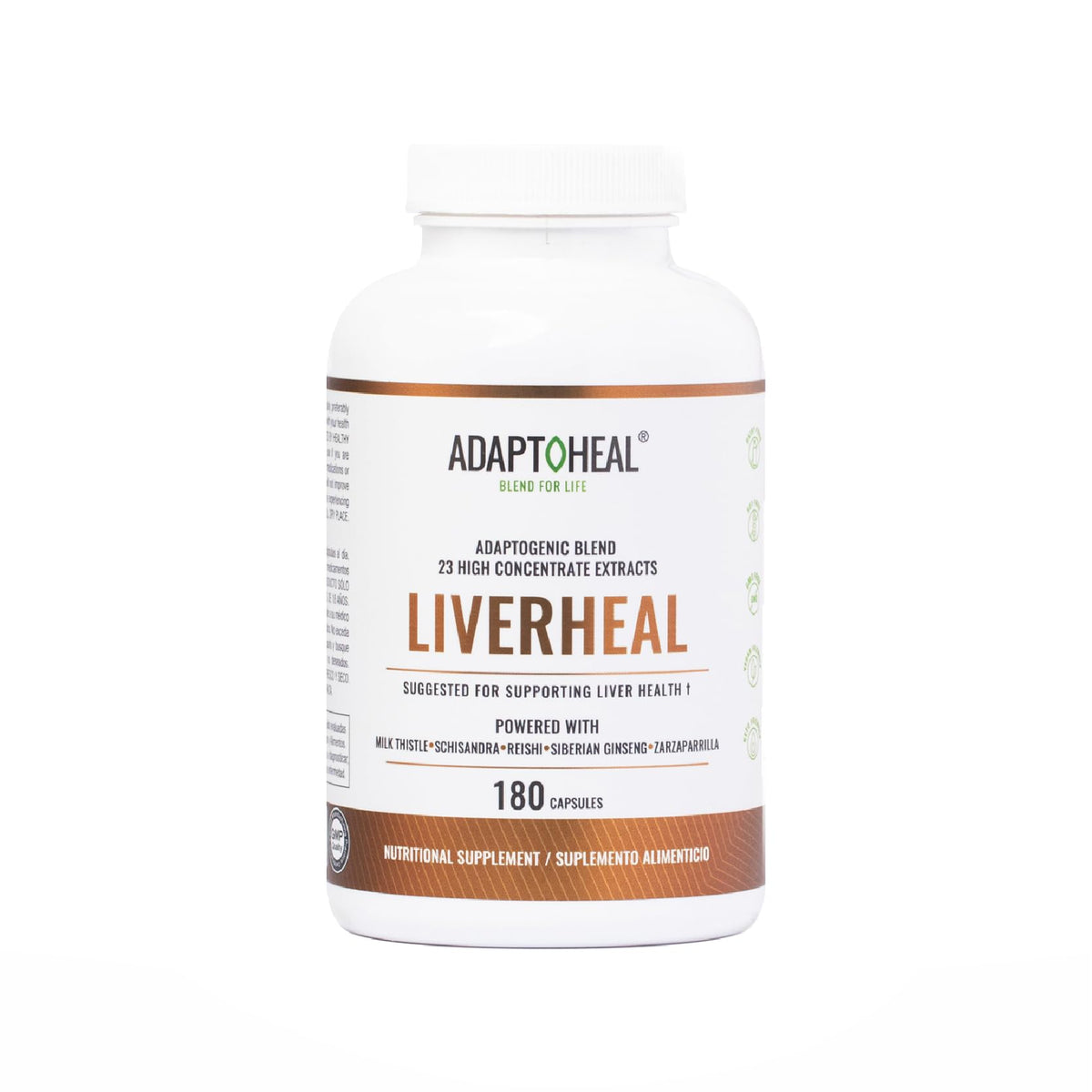 ADAPTOHEAL bottle front showing Liverheal formula for daily detox routines