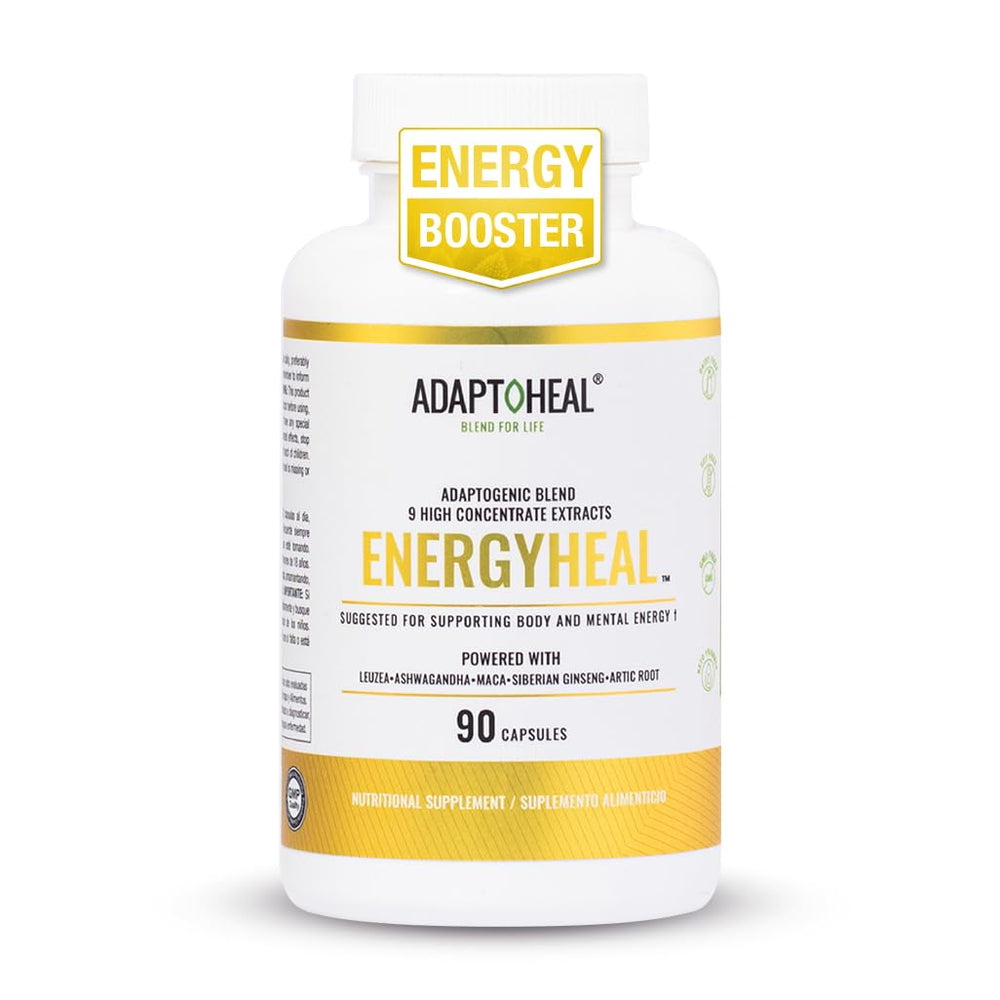 ADAPTOHEAL Energyheal bottle with capsules for natural energy and stress support.