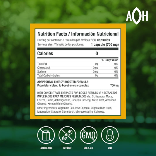 ADAPTOHEAL Energyheal capsules close-up showing herbal blend