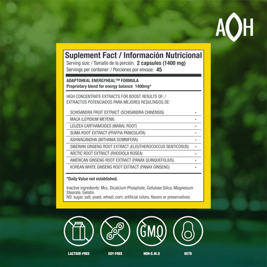 Closeup of Energyheal capsules highlighting plant-based adaptogens for balanced energy.
