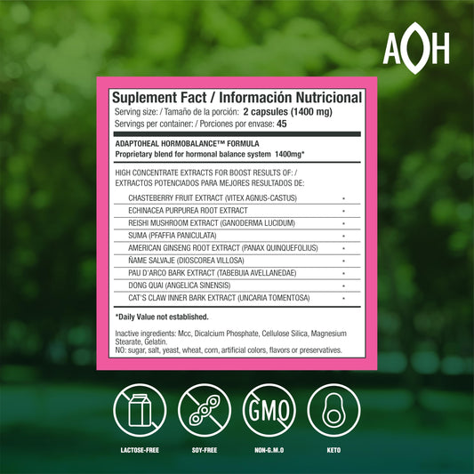 ADAPTOHEAL Hormobalance capsule close-up highlights vegan capsules for balanced wellness