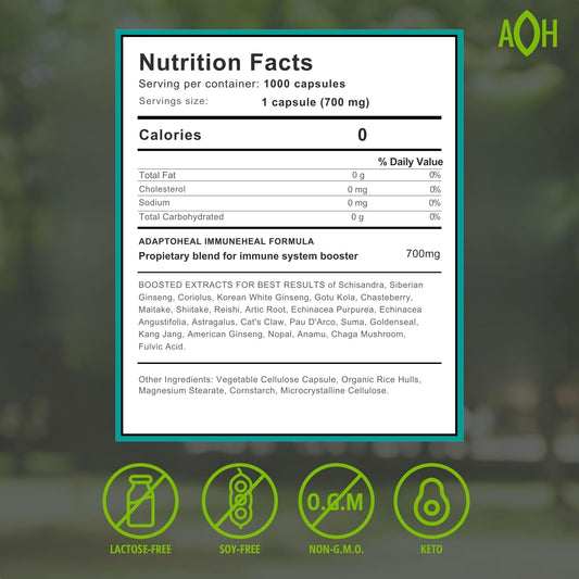 ADAPTOHEAL Immuneheal bottle back shows ingredient details for wellness.