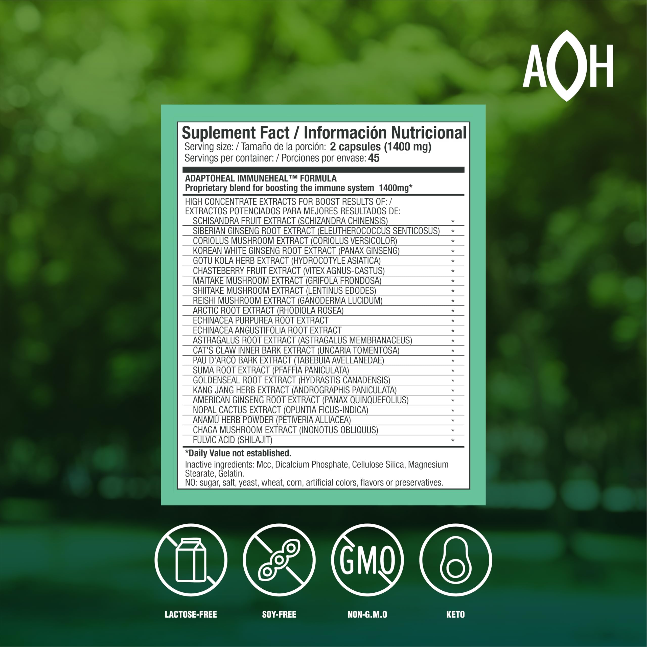 ADAPTOHEAL Immuneheal capsules arranged for convenient daily use.