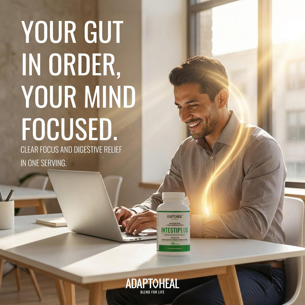 ADAPTOHEAL Intestiplus bottle front shows premium gut health formulation.