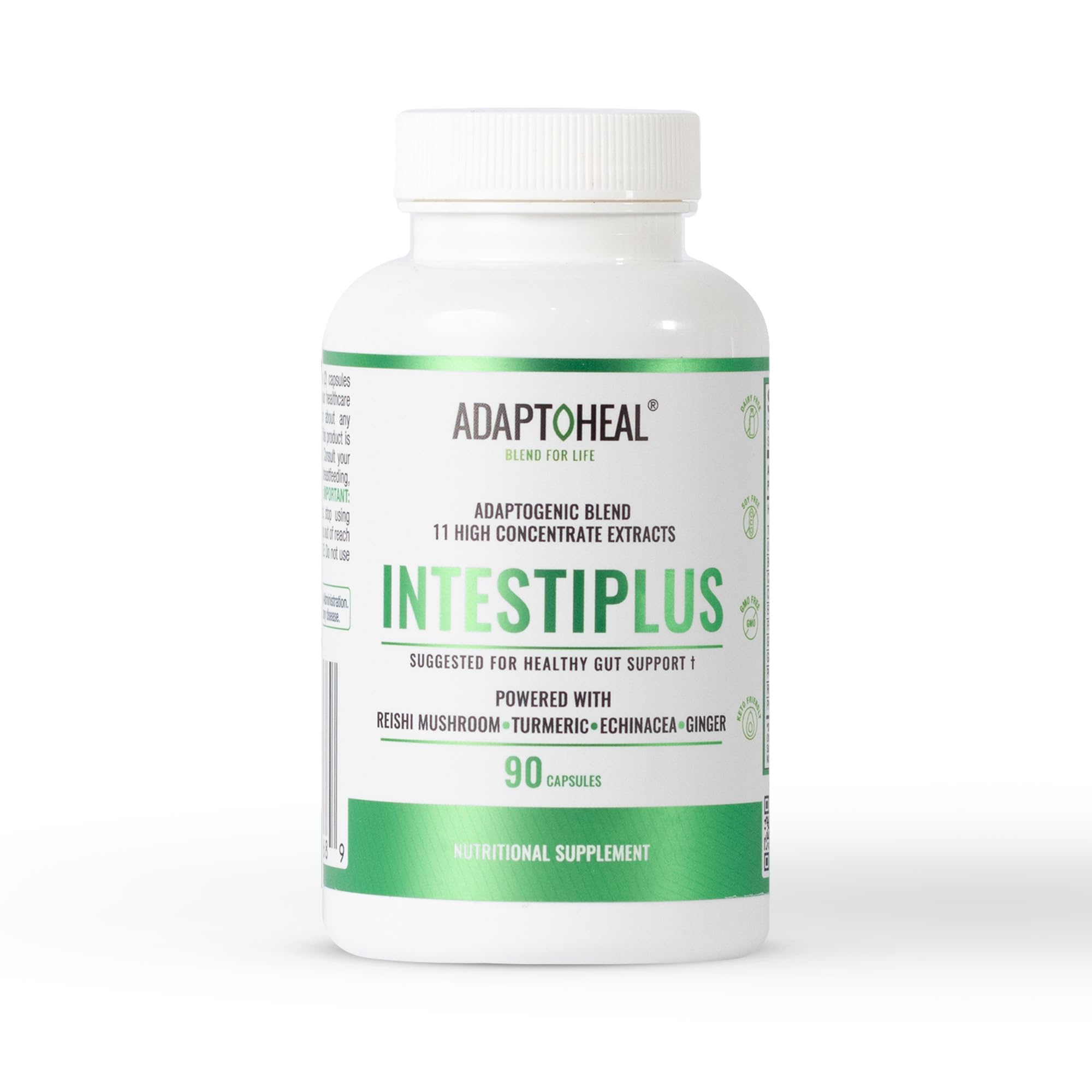ADAPTOHEAL Intestiplus bottle label with clean design for reliable gut support