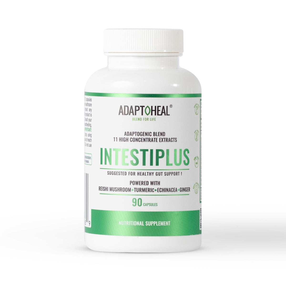 ADAPTOHEAL Intestiplus bottle label with clean design for reliable gut support