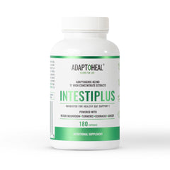 ADAPTOHEAL Intestiplus bottle pour demonstrates easy daily use for gut support.