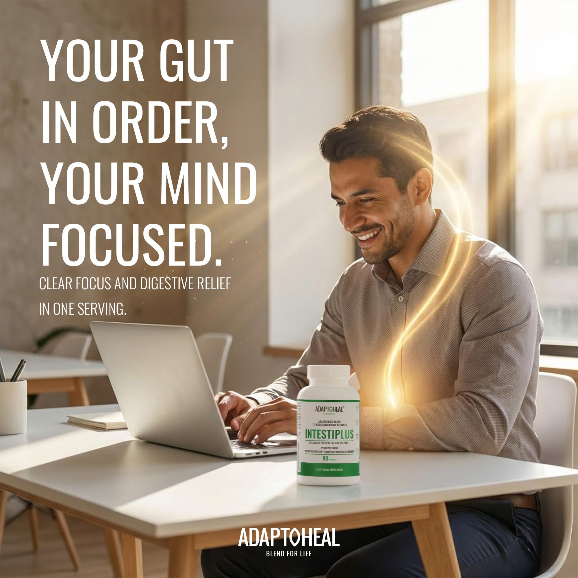 ADAPTOHEAL Intestiplus turmeric-ginger blend image conveys warm, soothing digestion prospects