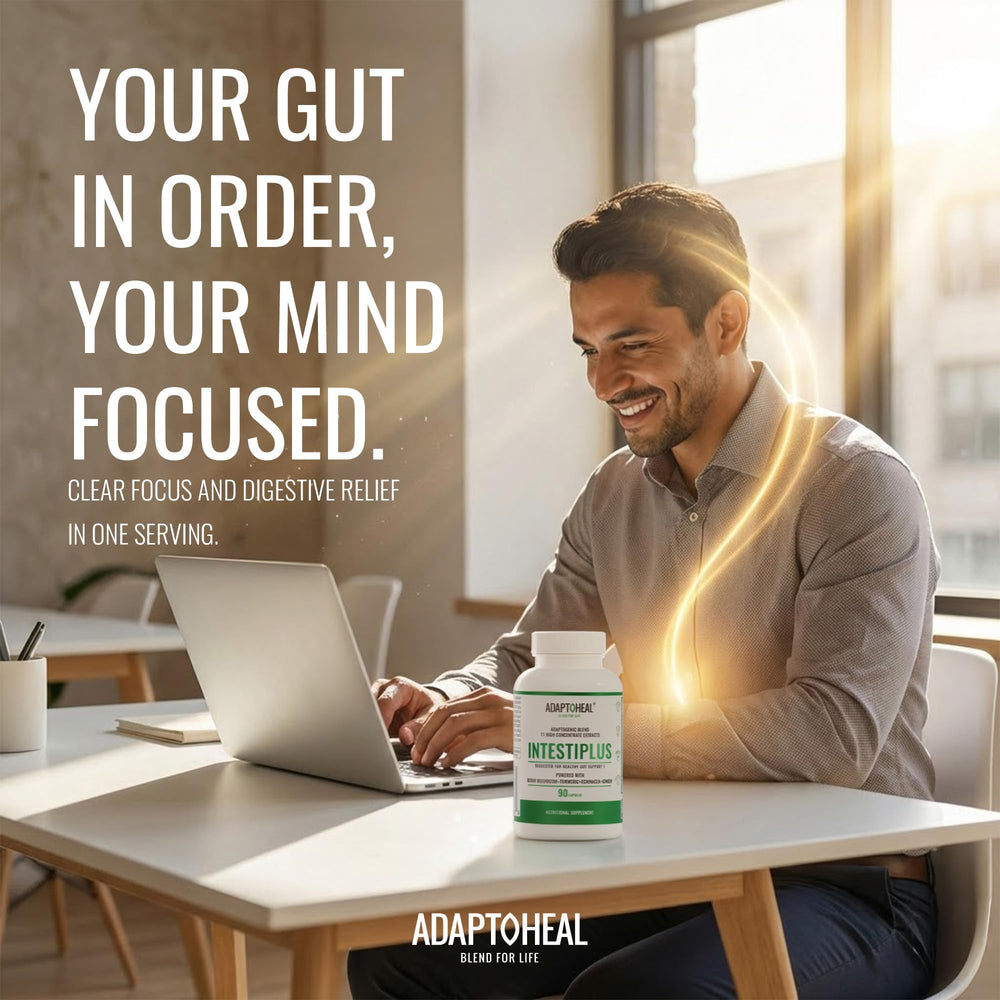 ADAPTOHEAL Intestiplus turmeric-ginger blend image conveys warm, soothing digestion prospects